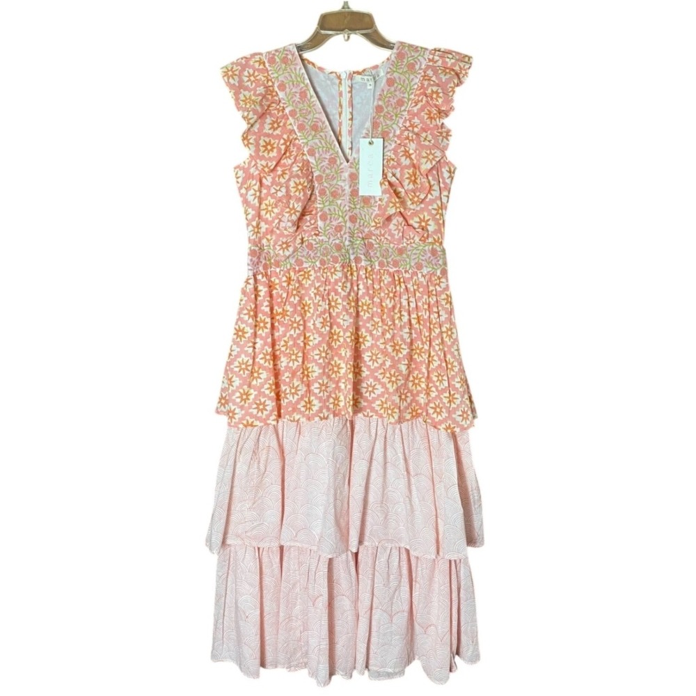 Marea by Liz Joy Fiesta Dress Playa Hermosa Rosada Cotton Tiered Midi Dress Sz S